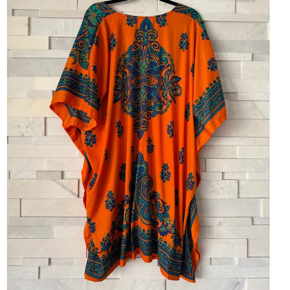 STUDIO EY NWOT KAFTAN Dashiki Pullover One Size Orange Turquoise Gold Festival - Picture 2 of 5